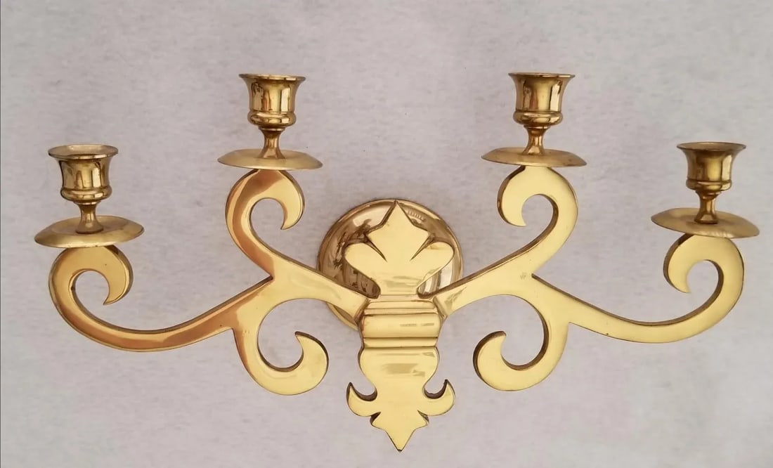 Vintage Solid Brass Wall Sconce 4 Candle Holders Fleur De Lis - 7