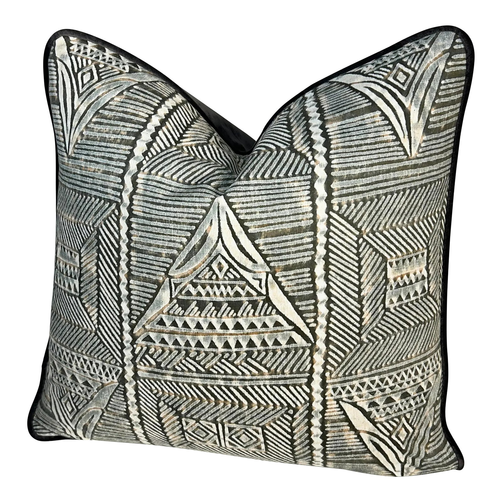 Fortuny "Mayan" Square Pillow: A tribal geometric featuring pyramids, squares all laid out in a grid. Fortuny's unique discharge printing technique adds extra character to the original print design. Pillow inserts are 80% down,