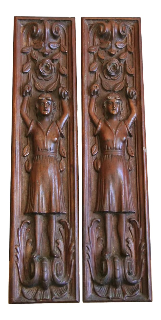Late 19th Century Antique Flora Architectural Wall Plaques- A Pair: Add a touch of Chicago history to your decor with this rare pair of architectural wall panels from the late 19th century depicting "Flora" the Roman goddess of flowers and spring. These beautifully ca