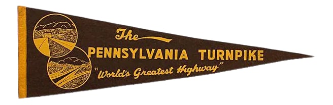 Pennsylvania Turnpike Pennant: Vintage brown and yellow felt souvenir pennant for the Pennsylvania Turnpike. Wear from age, discolorations. Condition: Alterations: Original Condition Unaltered Imperfections: Some Imperfections
