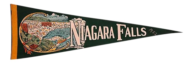 Circa 1952 Niagara Falls Pennant: Vintage green background with off white lettering souvenir felt pennant from Niagara Falls hand embroidered on tip with 1952. Slight discolorations, some fold marks. Condition: Alterations: Original C
