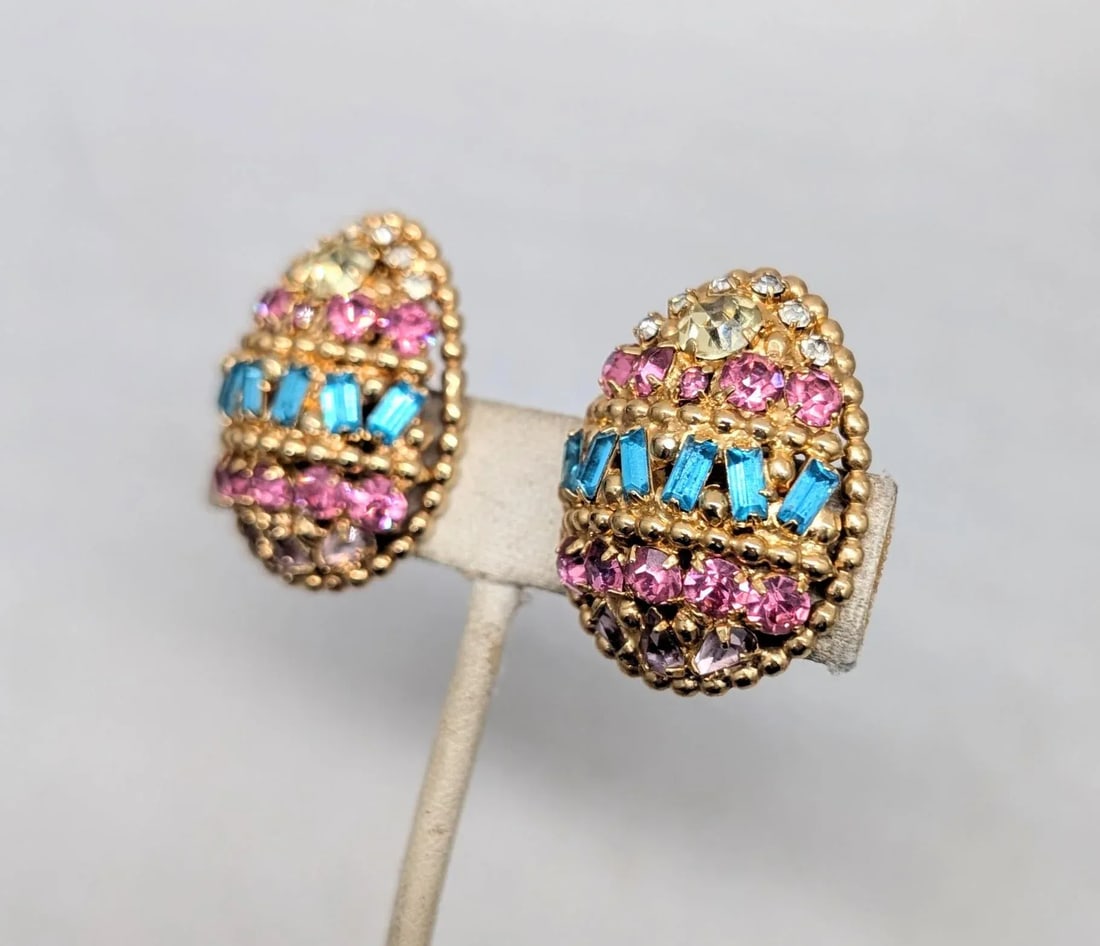 Vintage 1964 Signed Napier Ad Piece Pastel Rhinestone Easter Egg Earrings-2 Pieces - 3