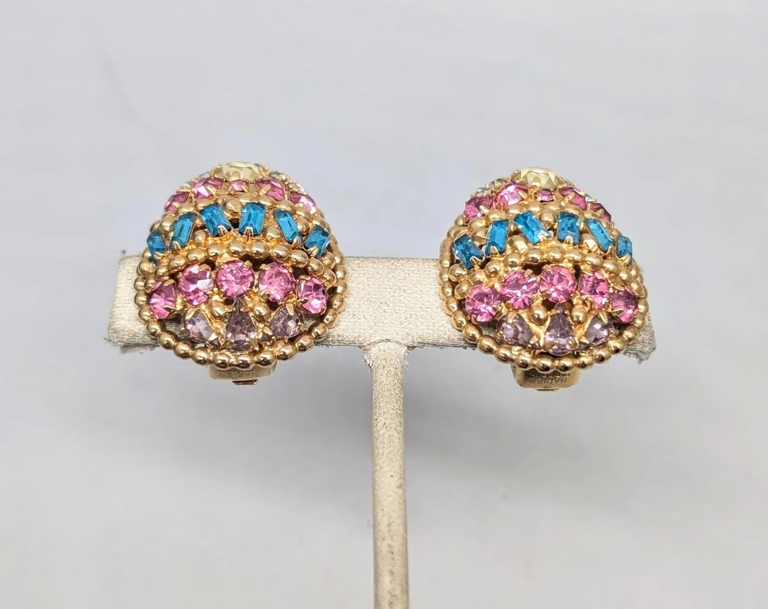 Vintage 1964 Signed Napier Ad Piece Pastel Rhinestone Easter Egg Earrings-2 Pieces - 4