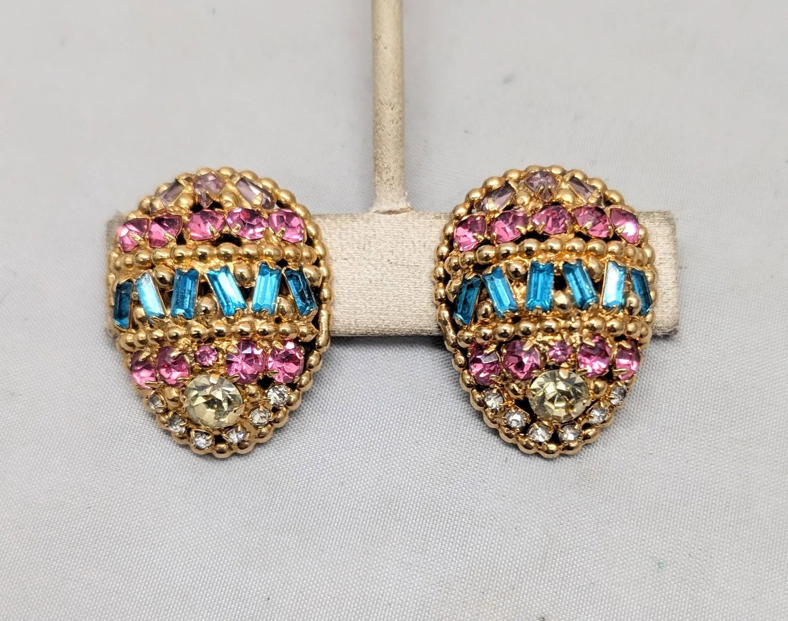 Vintage 1964 Signed Napier Ad Piece Pastel Rhinestone Easter Egg Earrings-2 Pieces - 6