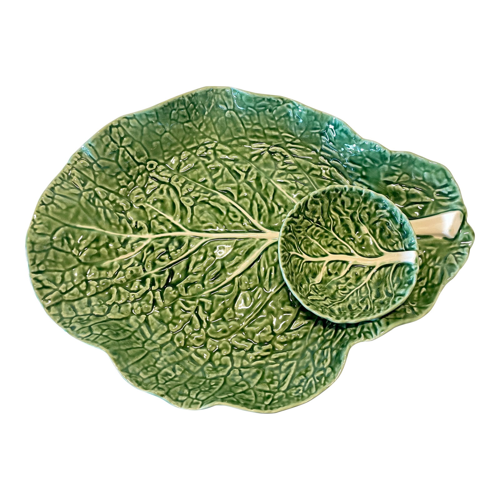 Mid-Century Portuguese Bordalo Pinheiro Cabbage Ware Chip & Dip Crudite Platter (1 of 6)