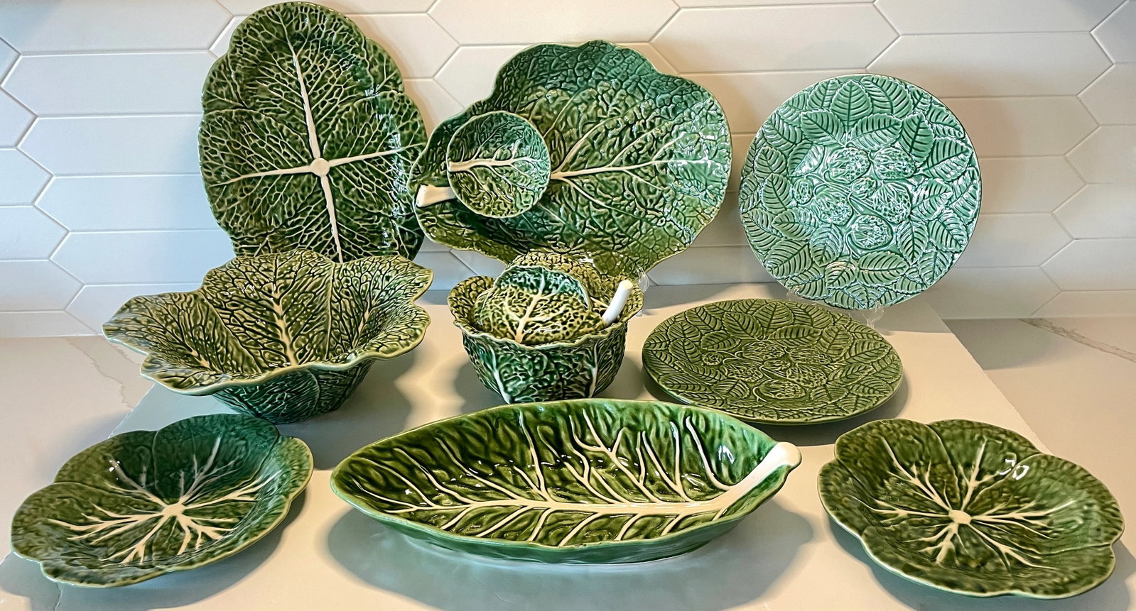 Mid-Century Portuguese Bordalo Pinheiro Cabbage Ware Chip & Dip Crudite Platter - 6