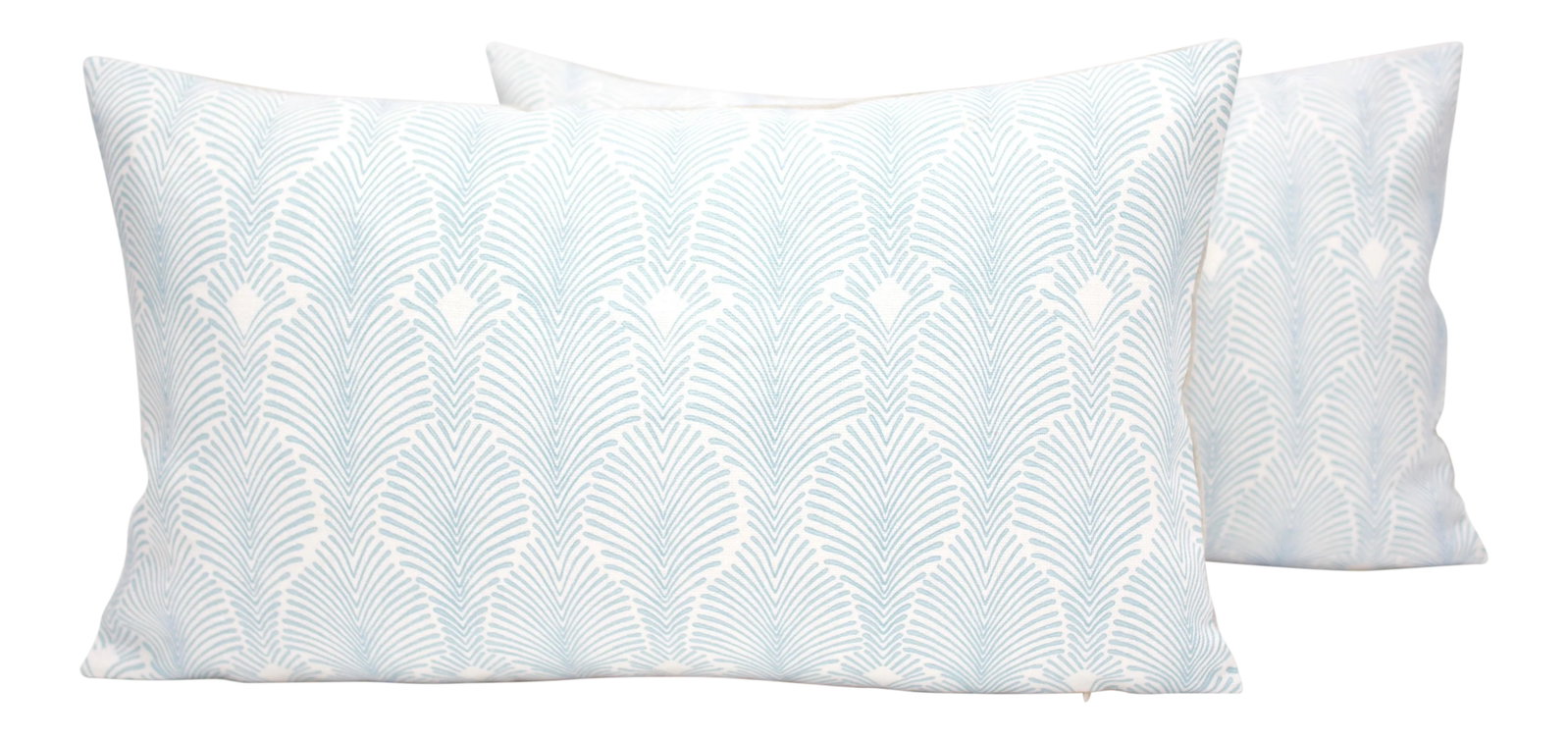 Isobel "Deco Stripe" 20" X 12" Belgian Linen Pillows - a Pair: Beautifully handmade pair of 20" x 12" "Deco Stripe" Belgian Linen pillows in "Buttery Blue" from Isobel. Features a linen backing from Avant Garde, a down/feather insert, and an invisible zipper