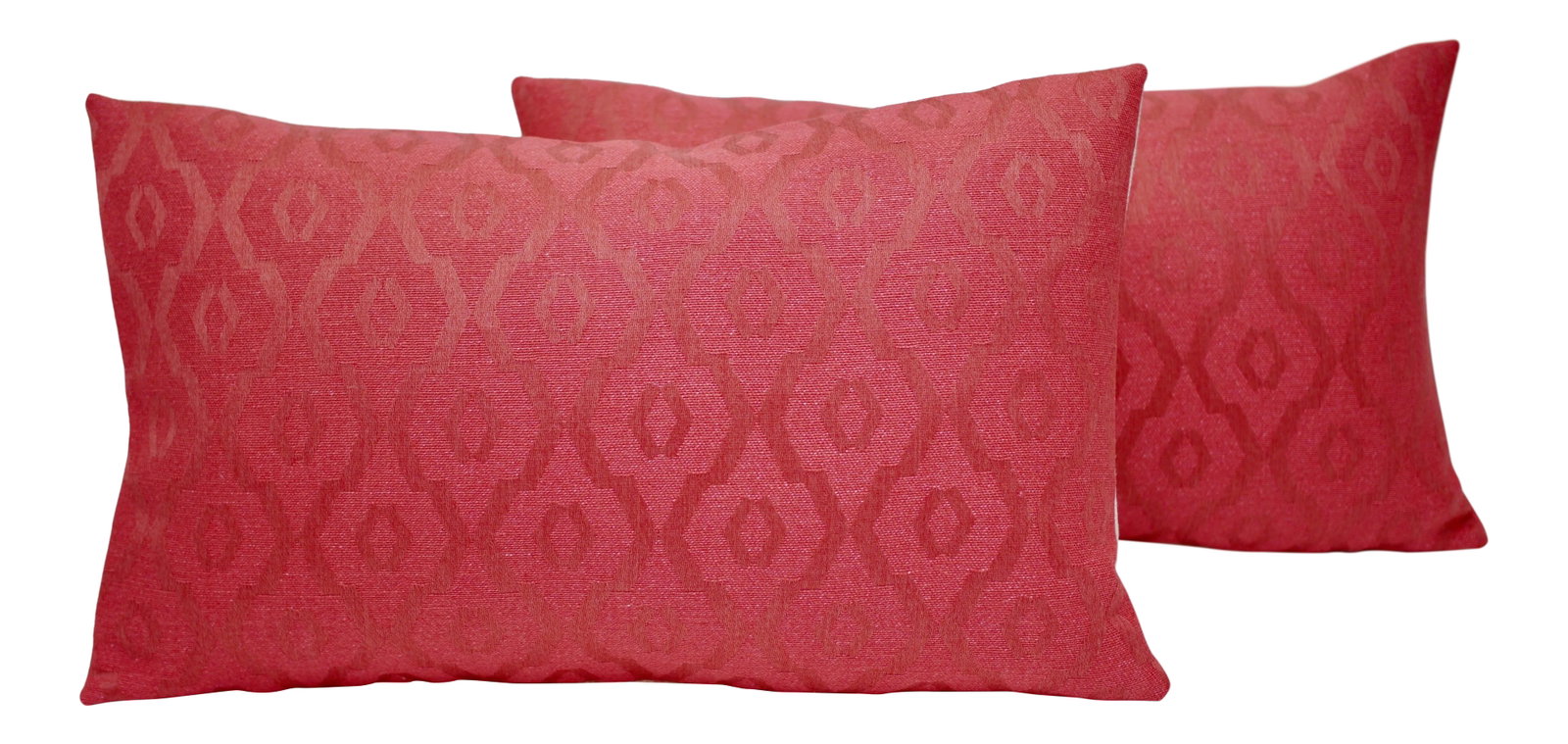 Jane Shelton "Camelot" 20" X 12" Damask Pillows - a Pair: Beautifully handmade pair of Jane Shelton 20" x 12" damask "Camelot" pillows in Red. Features a gorgeous upholstery weight backing from Larsen, a down/feather insert, and an invisible zipper closure.