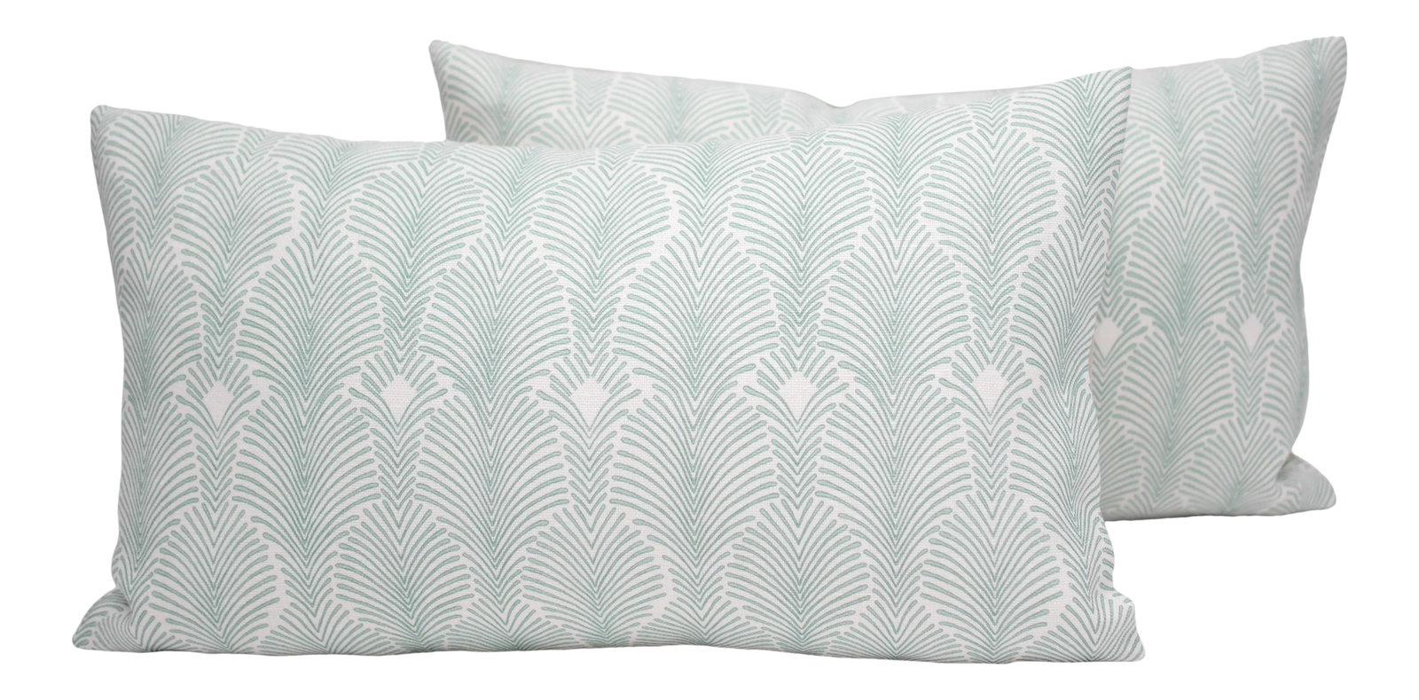 Isobel "Deco Stripe" 20"x12" Down/Feather Pillows - a Pair: Beautifully handmade pair of Isobel "Deco Stripe" Belgian Linen pillows in "Seafoam." Features a linen backing from Avant Garde, a down/feather insert, and an invisible zipper closure. Condition: