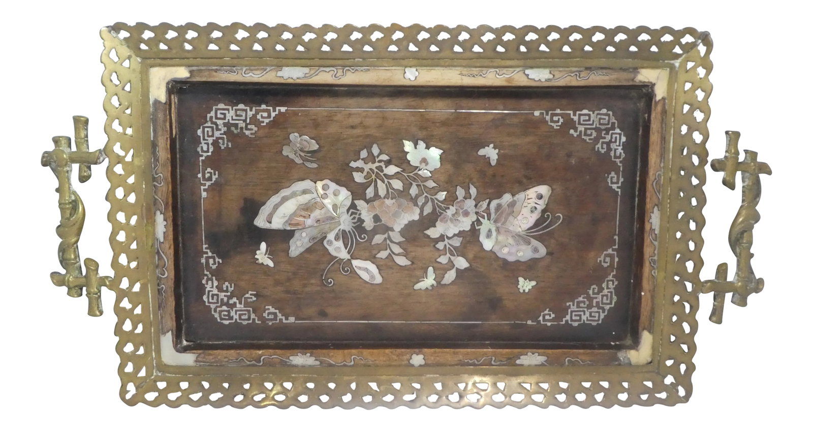 19th C Victorian Aesthetic Movement Bronze Tray W Mother of Pearl Inlay of Butterflies with Hairy Pa: 19th C Victorian aesthetic movement bronze tray w mother of pearl inlay of butterflies w hairy paw feet. 15.5 inches long X 8 inches wide X 2 3/4 inches high. Condition: Alterations: Original