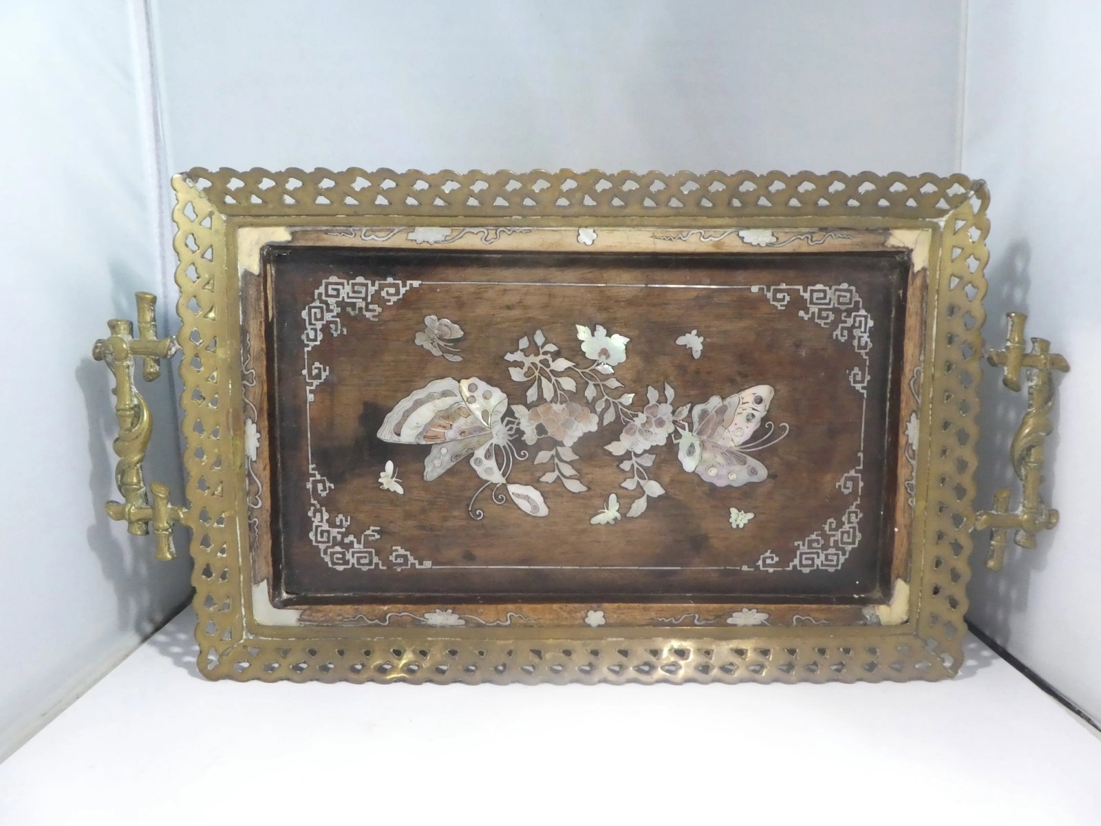 19th C Victorian Aesthetic Movement Bronze Tray W Mother of Pearl Inlay of Butterflies with Hairy Pa - 2
