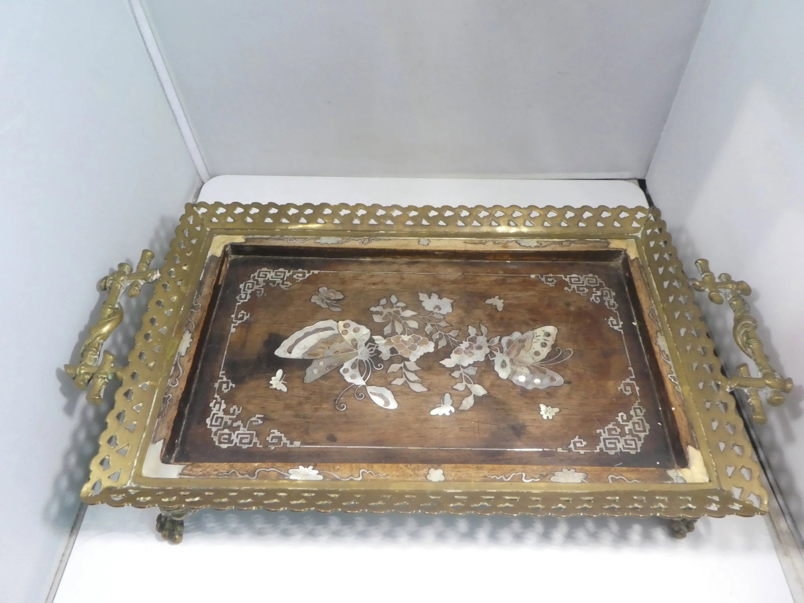 19th C Victorian Aesthetic Movement Bronze Tray W Mother of Pearl Inlay of Butterflies with Hairy Pa - 4
