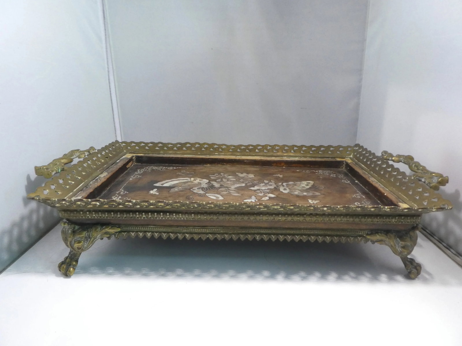 19th C Victorian Aesthetic Movement Bronze Tray W Mother of Pearl Inlay of Butterflies with Hairy Pa - 6