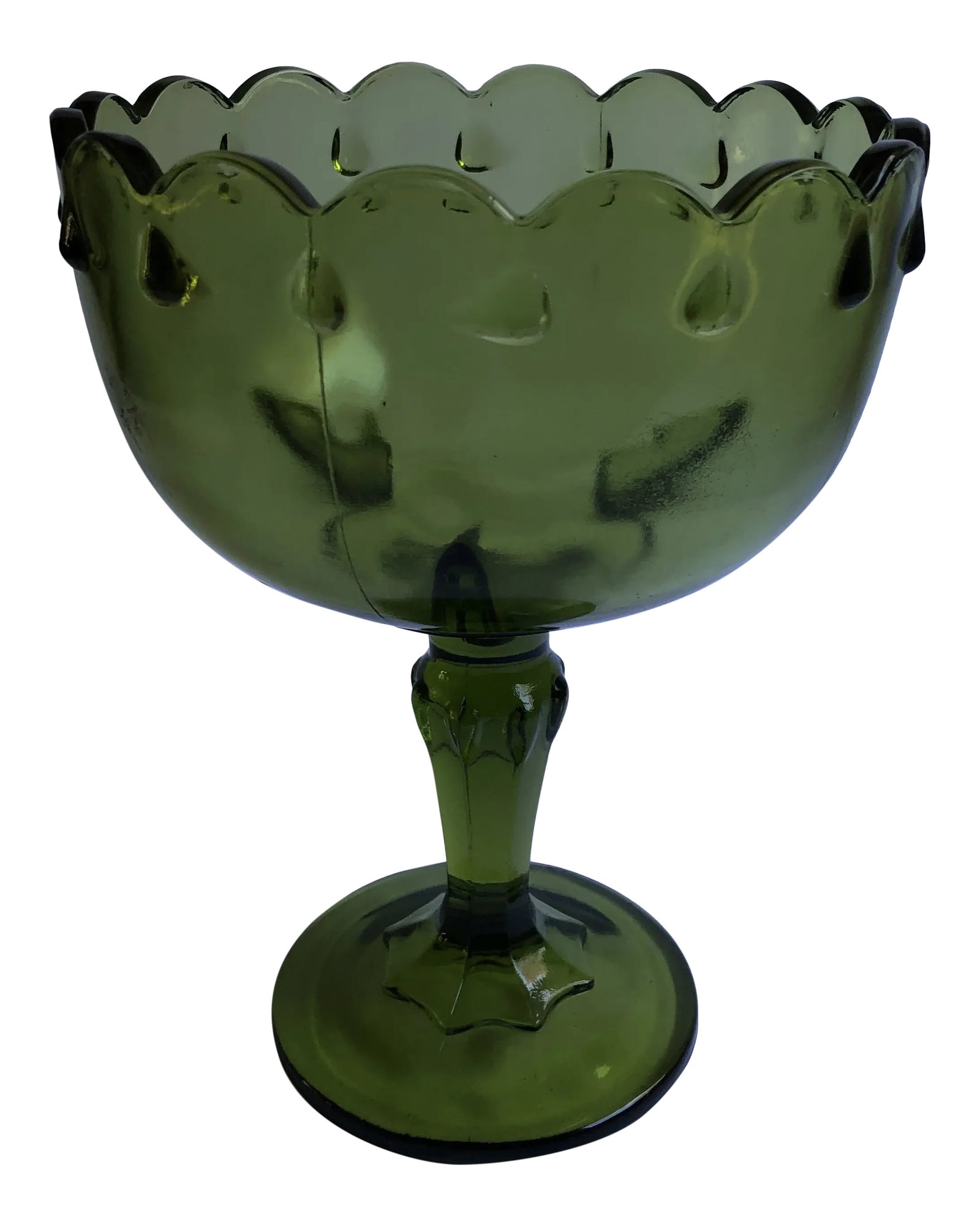 Mid Century Avocado Green Glass Compote: Midcentury Avocado Green Pedestal Glass With Lace Trim Compote 9" X 7 .5 " in excellent condition. Condition: Alterations: Original Condition Unaltered Imperfections: Some Imperfections Condition Note