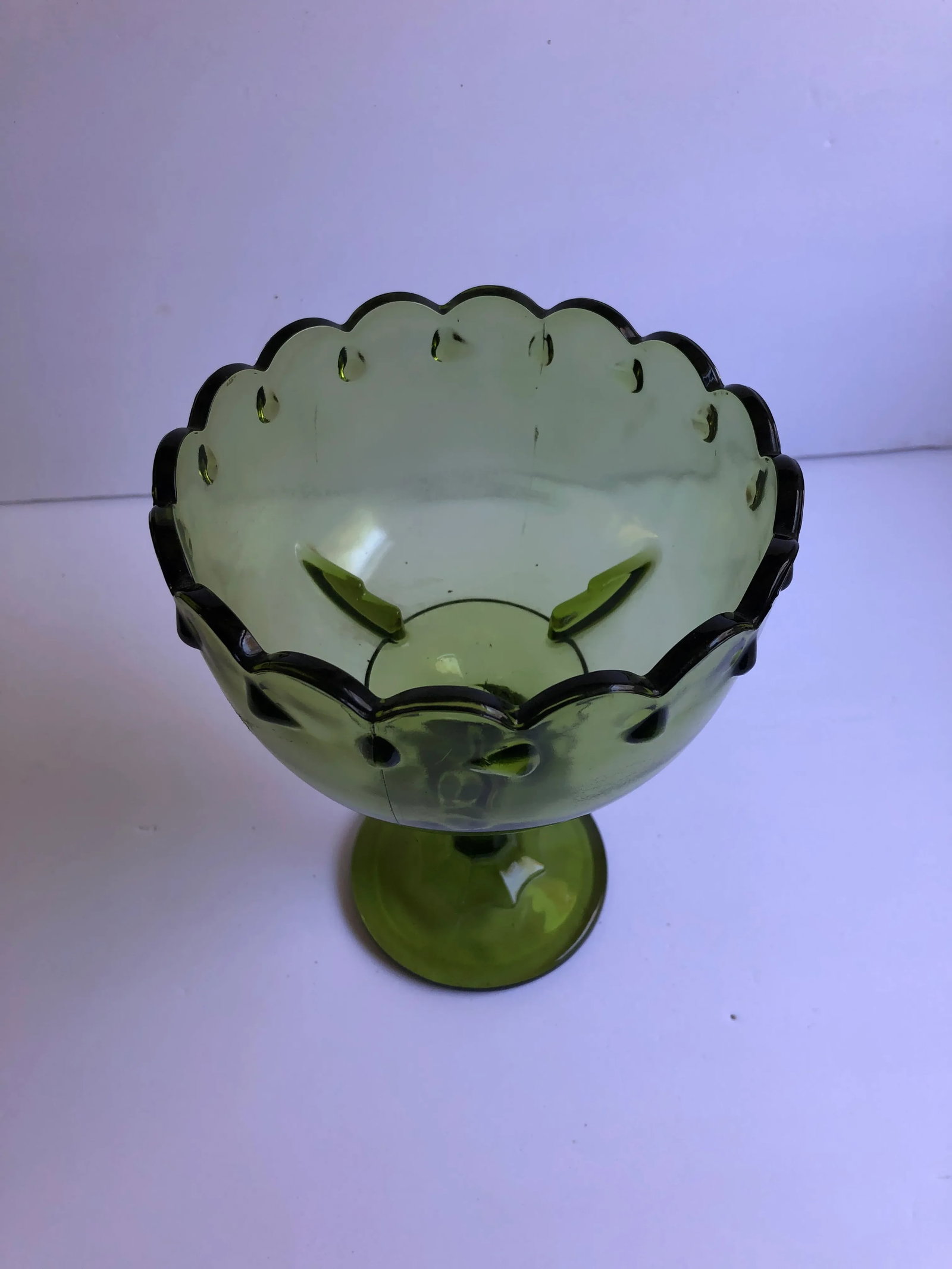 Mid Century Avocado Green Glass Compote - 2