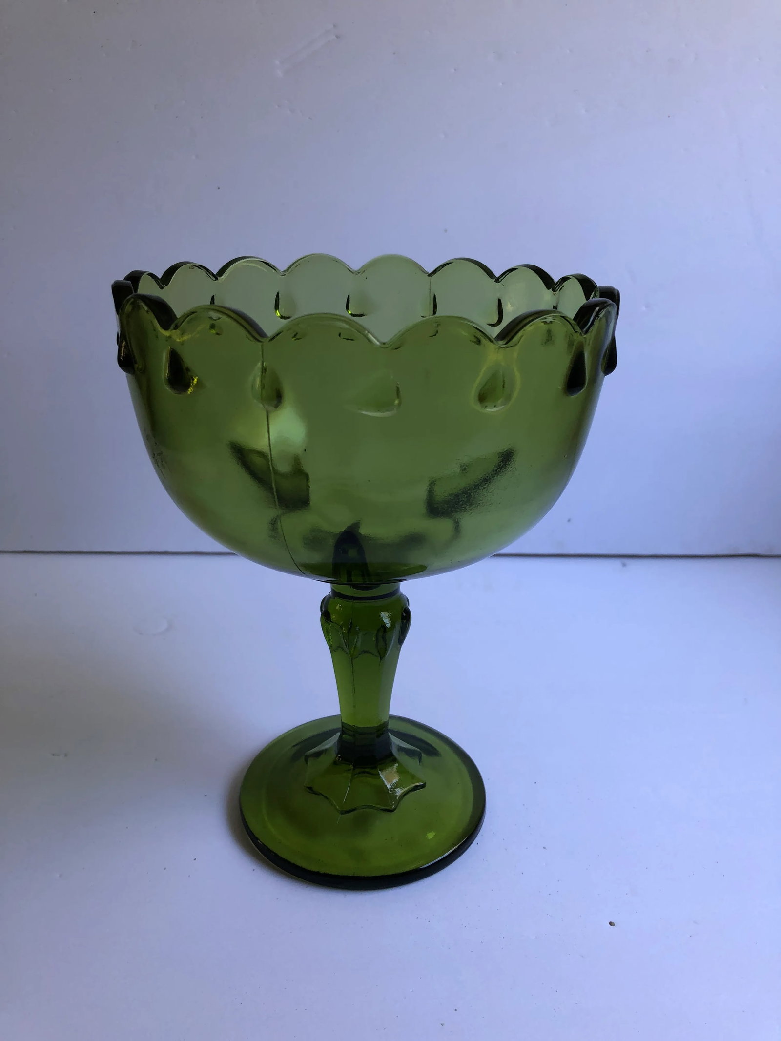 Mid Century Avocado Green Glass Compote - 5