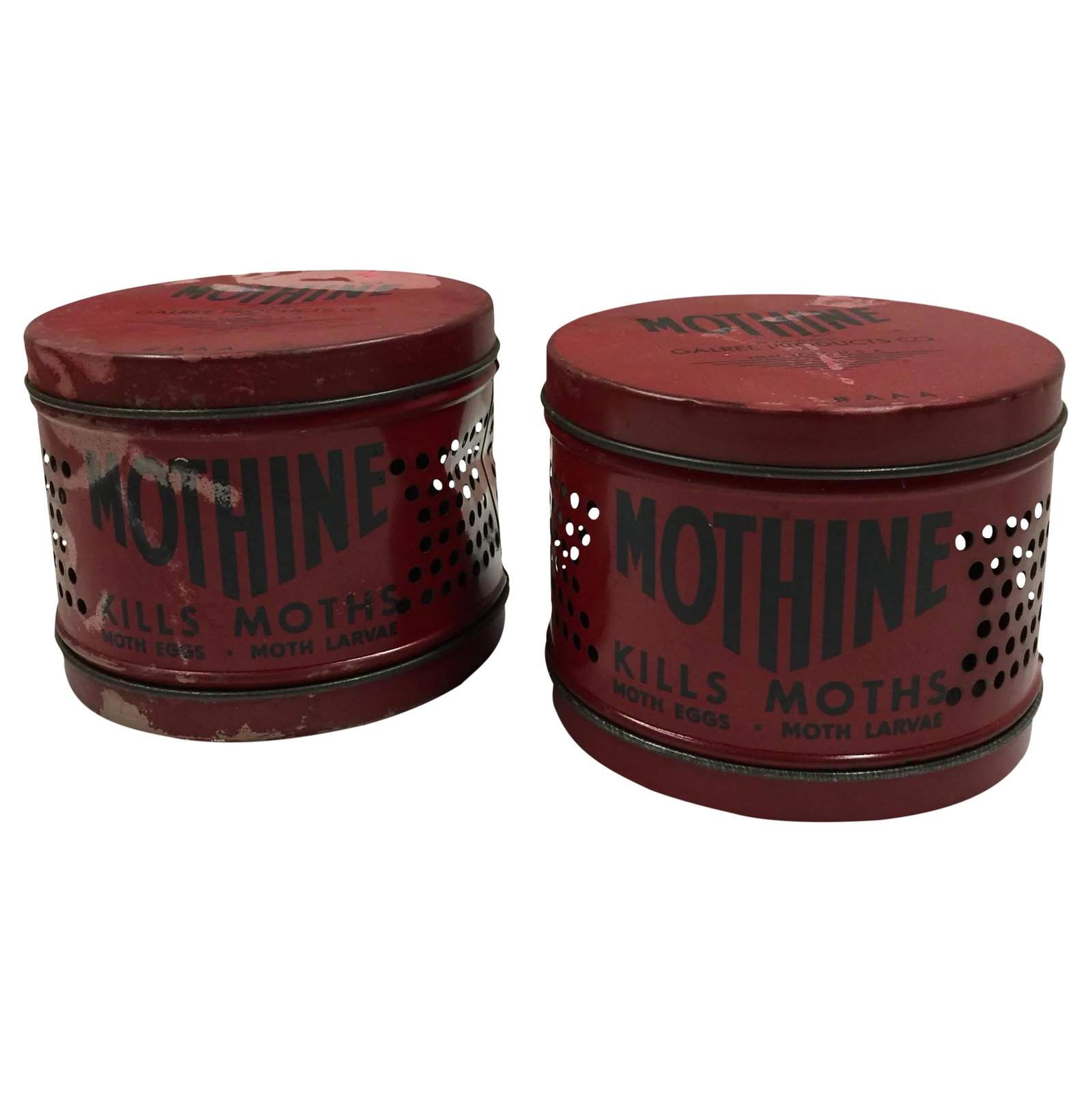 Vintage Red Mothine Tins - A Pair: Great decor items! A pair of vintage red Mothine tins. Condition: Condition Notes: Good - Moderate wear and tear, but still has good years left Materials & Techniques: Metal