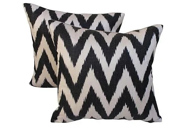 Black & White Silk Ikat Pillows- A Pair: Pair of custom pillows made from a vintage, silk Ikat textile sourced from the Grand Bazaar in Istanbul. Linen backs, hidden zipper closures. Custom made down feather inserts. Some wear. Condition: