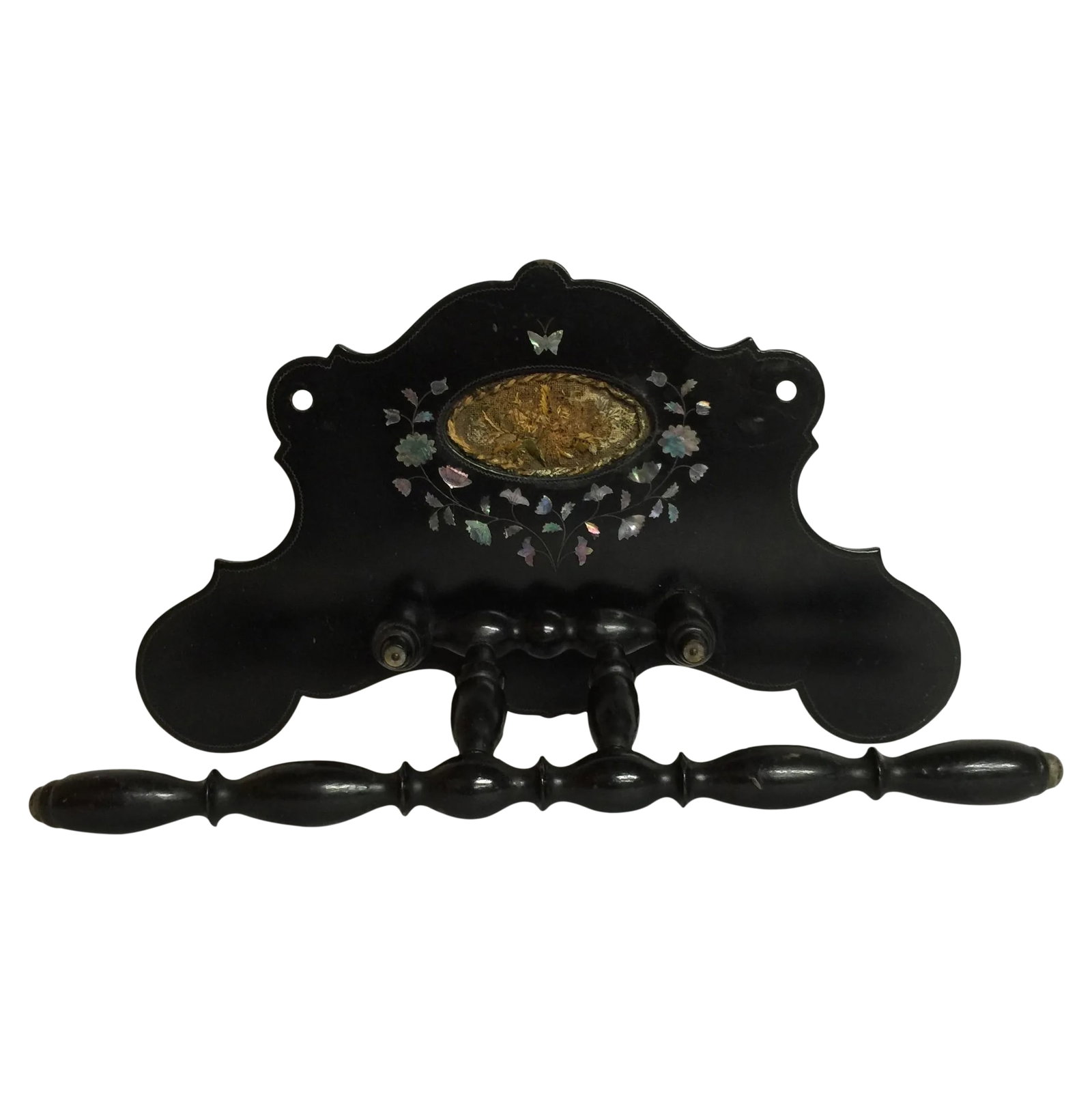 Folk Art Wall Rack Mother of Pearl and Embroidery: Antique wall rack for towels or hats with mother of pearl and embroidered decorations. One of a kind item. Holder in front folds up. Beautiful floral pattern with butterfly. 13.5 inches wide x 7.5