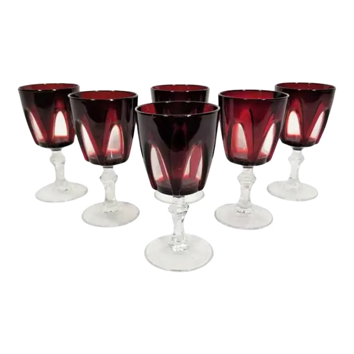 French Ruby Red Stemware Glassware Mid Century 1960s Made in France - Set of 6: Mid Century 1960s French Stemware / Barware / Wine Glasses. Petite Size. (See measurements) Made in France. All glasses marked France. Set of 6. Excellent Condition. Condition: Alterations: Original C