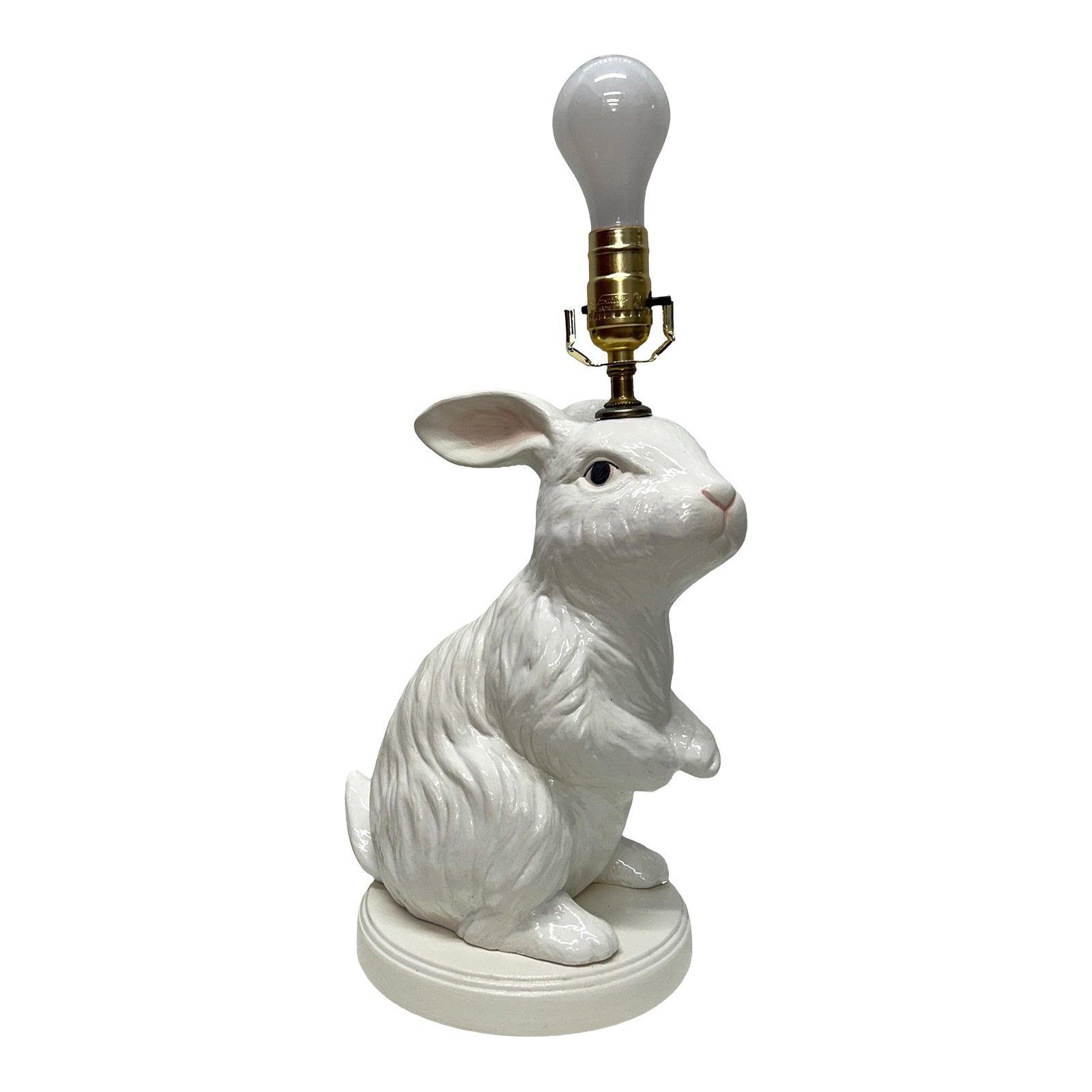 Vintage Hand-Painted Bunny Lamp: A beautiful vintage hand-painted bunny lamp. This precious lamp would be perfect for a nursery, kids room or as an odd table lamp. Lamp is in great vintage condition. No shade, finial or harp included