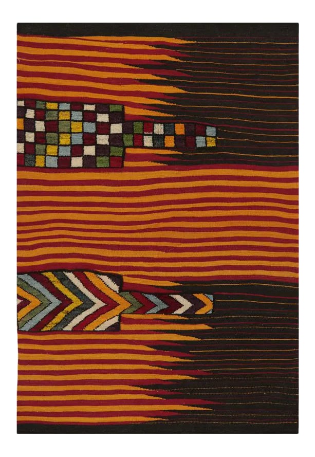 Handwoven Persian Kilim Area Rug 4'2" X 6'2": This bewitchingly beautiful example of a tribal Kilim area rug features a contemporary pop of electrifying bright colors in a playful mixed-weave design. The creative modern twist of a knotted-pile