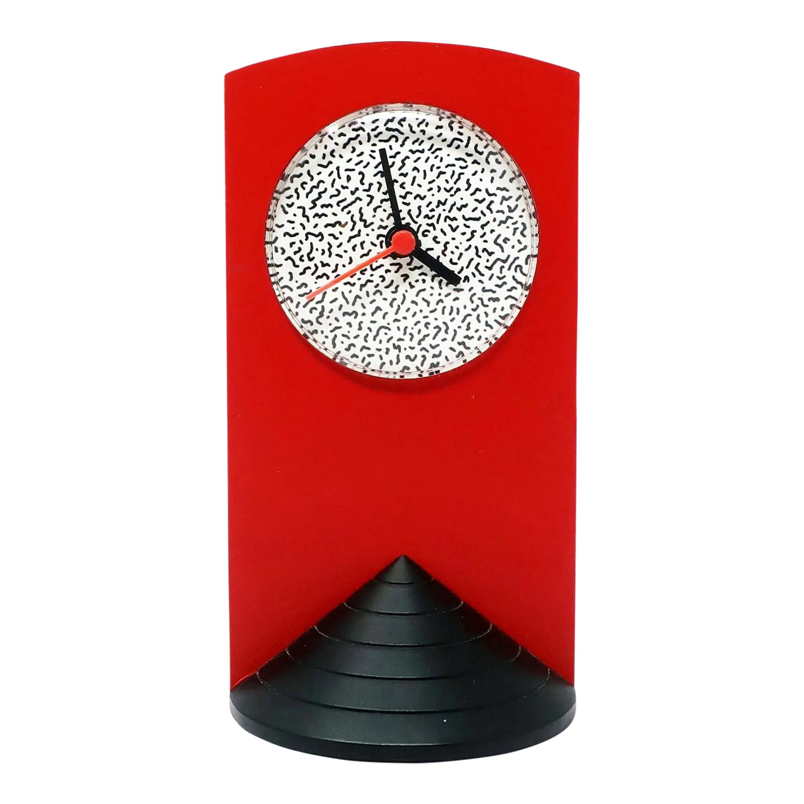 1980s Memphis Style Red Triangle Base Desk Clock: A perfectly designed 1980s Memphis Milano-inspired desk clock with a black triangular base, red plastic case, and black and white squiggle face. Looks like it could've been designed by Ettore