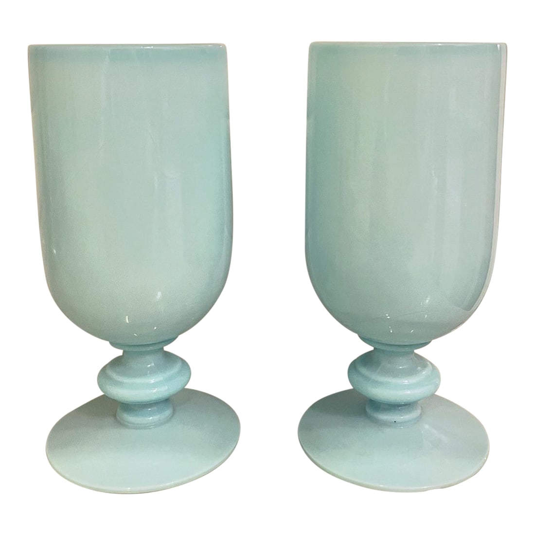 Pair of Blue Opaline Vallerysthal Glasses: Can never get enough of these glasses! Keep adding to your collection! Blue opaline glasses that can be used for cocktails, juice or champagne! Condition: Alterations: Original Condition Unaltered Imp