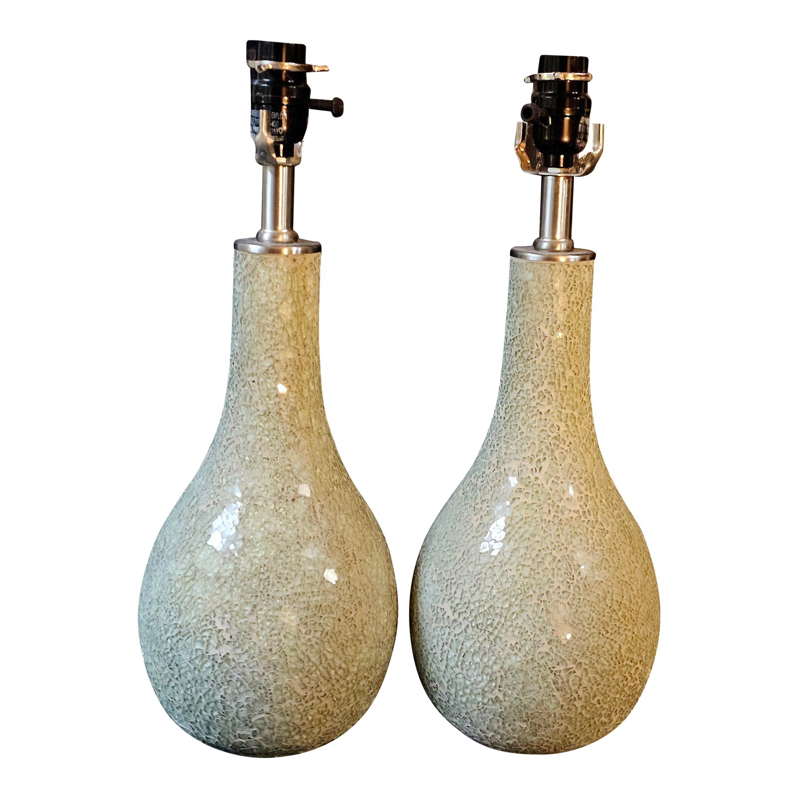 A Pair of Art Crackle-Glass Mosaic Textured Murano Style Table Lamps: Gorgeous light sea-foam green mosaic pair of Chinese made table lamps. Although these are modern, they are an economic way to display this kind of beautiful pair without the vintage price! Gourd Shape