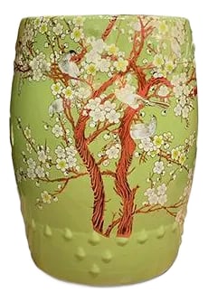 Green Blossom Garden Stool: Green ceramic garden stool from Asian intricately detailed with floral blossom and birds with a glossy finish. Great for the backyard and indoors a great piece to brighten up a room. Dimensions: