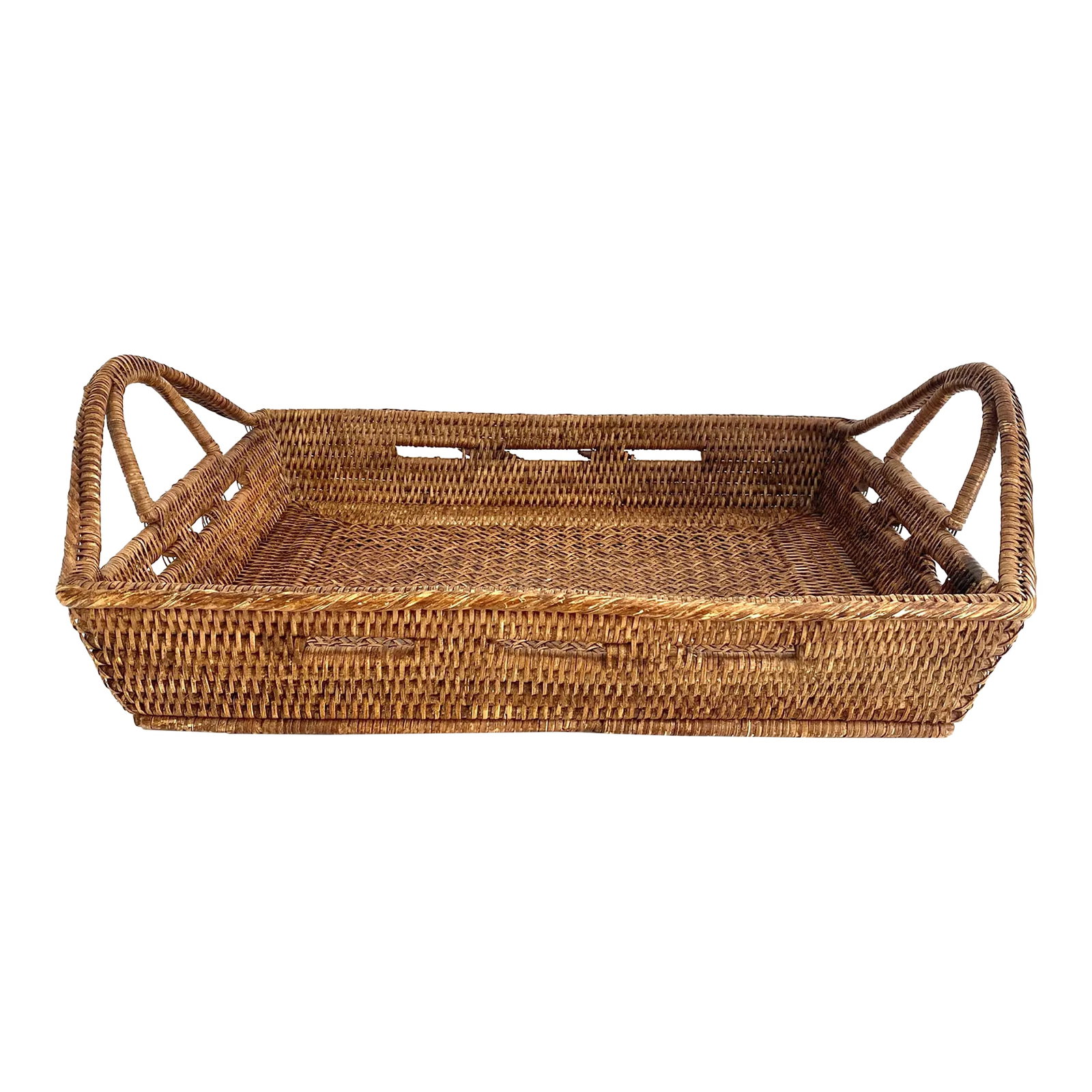 Burmese Rattan Serving Tray: Artisan handwoven with traditional techniques, these trays and known for their tight weave and sturdy construction. Height of basket w/o handles, 4". Condition: Alterations: Original Condition