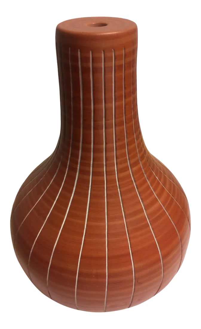 Mid 20th Century Mid-Century Modern Danish Pottery Lamp Base: Mid-century modern pottery lamp base. Beautiful rust orange matte glaze striped with incised linear detail. Appears to have never been wired and rare one off show piece. Stamped Denmark. Condition: Al