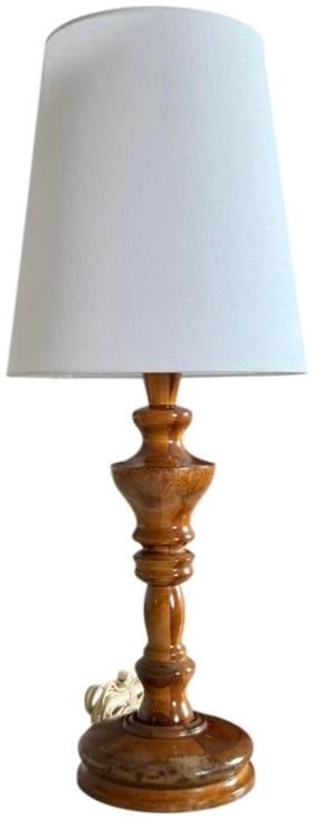 Charming Carved Wood Turned Lamp: The cutest turned wood, two tone table lamp. Wood has some finish wear as shown, but we love the charm this adds overall. This is the right size and form for a lakehouse, cabin, or any space that