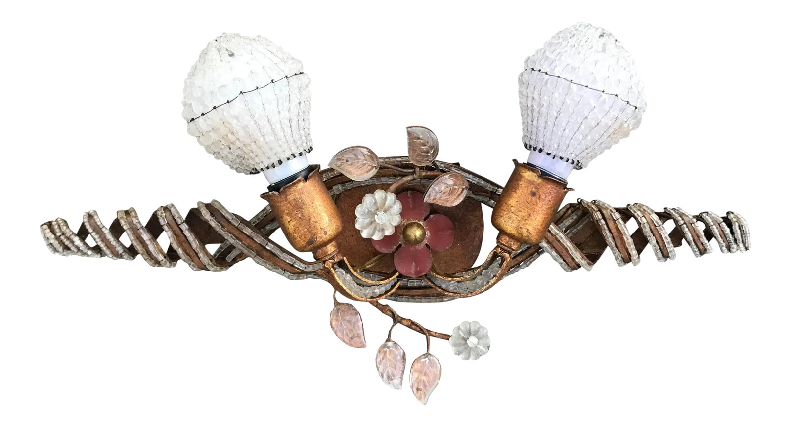 1930s Italian Beaded Tole Vanity Wall Sconce: Stunning intricately beaded vanity light or wall sconce, with made in Italy brass tag. This light came from a prominent and architectural significant house built by R. Harold Zook in Hinsdale, IL in t