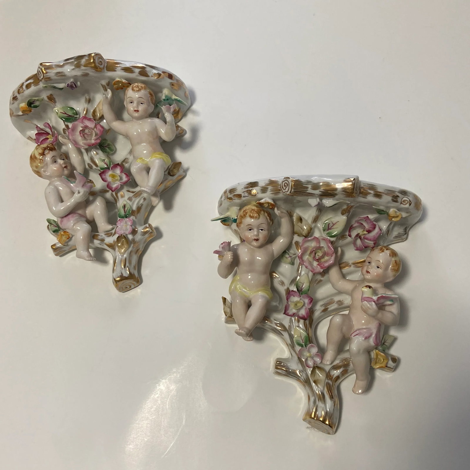 Regency French Putti Cherub Wall Porcelain Sconces - a Pair - 2