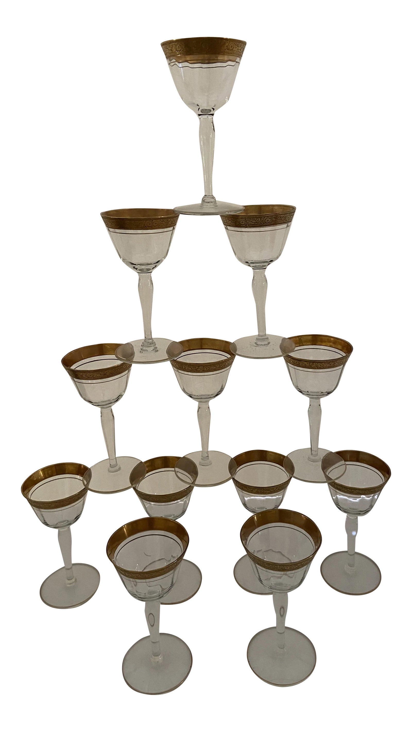 Minton Tiffin Franciscan Gold Encrust Sherbet Cordial Glasses Set 12: Tiffin Franciscan Gold Encrusted Sherbet or Cordial Glass Minton Set 13 Beautiful Condition: Alterations: Original Condition Unaltered Imperfections: Some Imperfections Condition Notes: Minor age wear