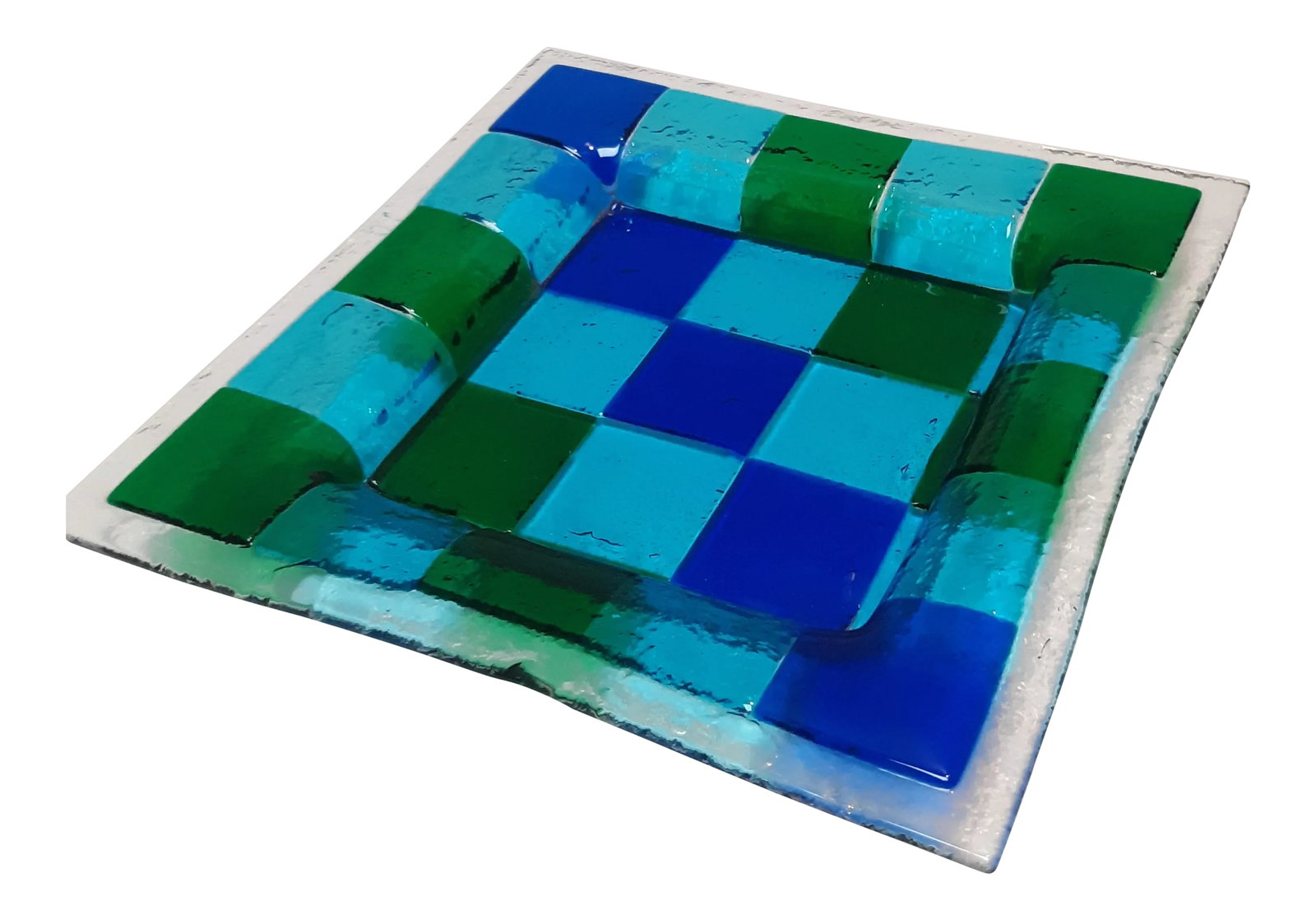 Vintage 1960s Fused Art Glass Decorative Tray: Colorful vintage fused art square glass tray or bowl 11"*11" in green and blues. Condition: Alterations: Original Condition Unaltered Imperfections: Some Imperfections Condition Notes: No visible