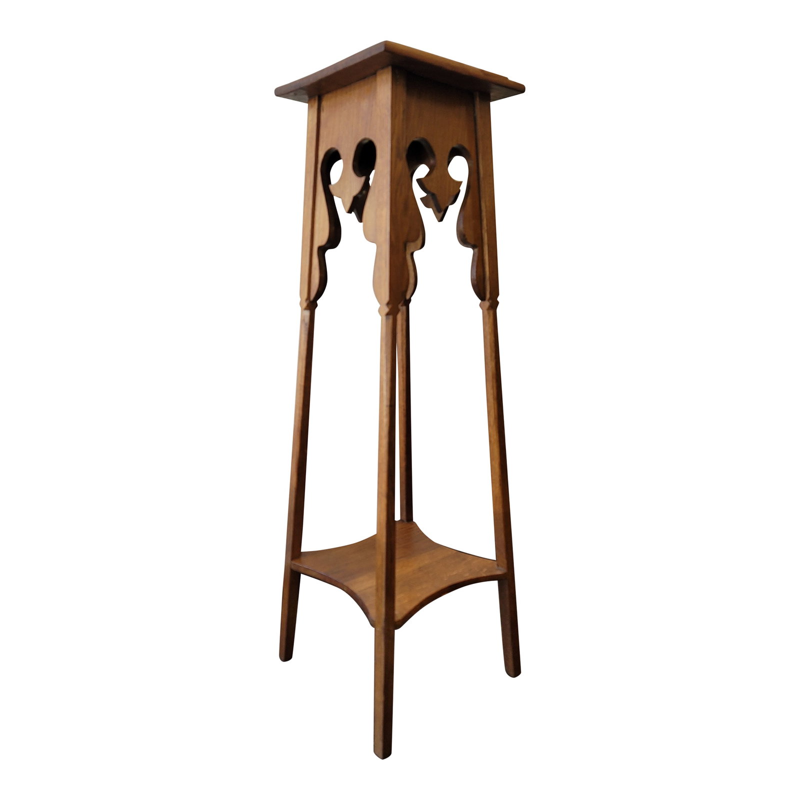 Antique Art Nouveau Pedestal Plant Stand Arts & Crafts: A nice tall Pedestal Plant Stand oak from England. Sturdy and nice wood design. Top and one shelf at bottom. All solid oak. Condition: Alterations: Original Condition Unaltered Imperfections: Some Imp