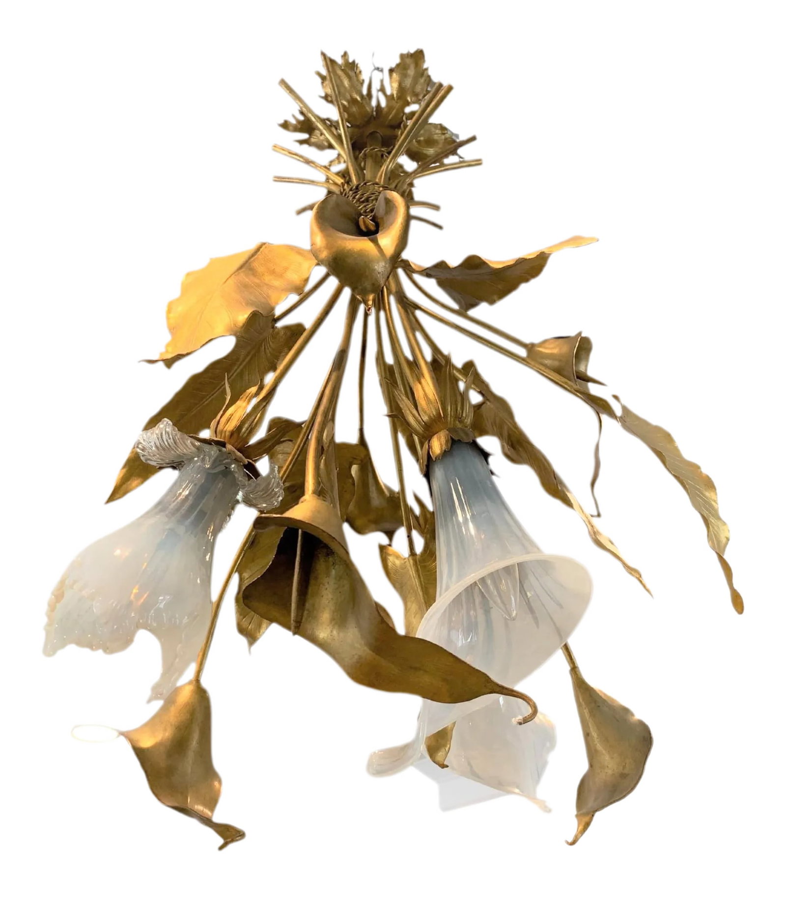 Vintage French Art Nouveau Style Gilt Metal Three Light Chandelier: The chandelier modeled as a tied bunch of Lillies and leaves with three Lilly head milk glass shades, wired for electricity. A pretty and fun chandelier with contemporary furnishing appeal. It is very