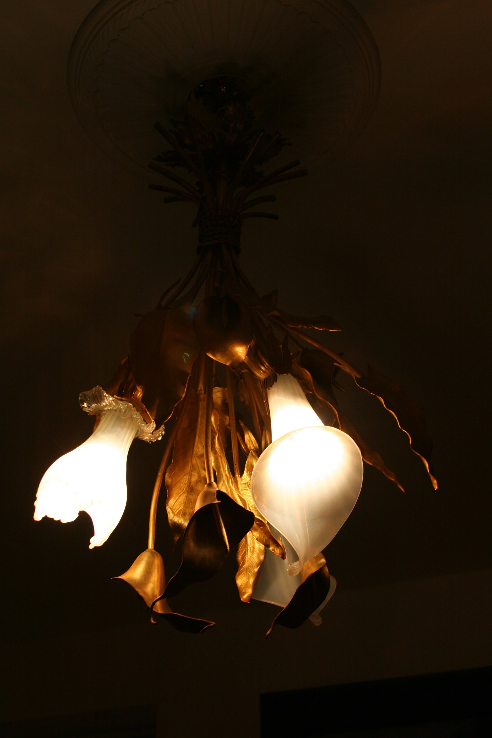 Vintage French Art Nouveau Style Gilt Metal Three Light Chandelier - 2
