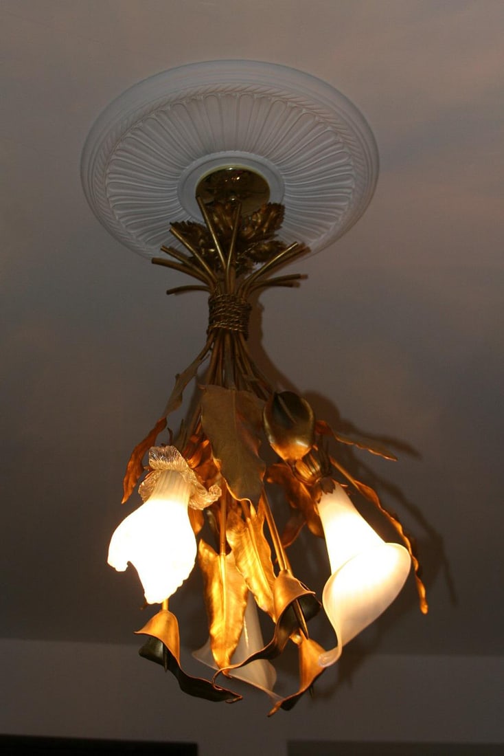 Vintage French Art Nouveau Style Gilt Metal Three Light Chandelier - 3