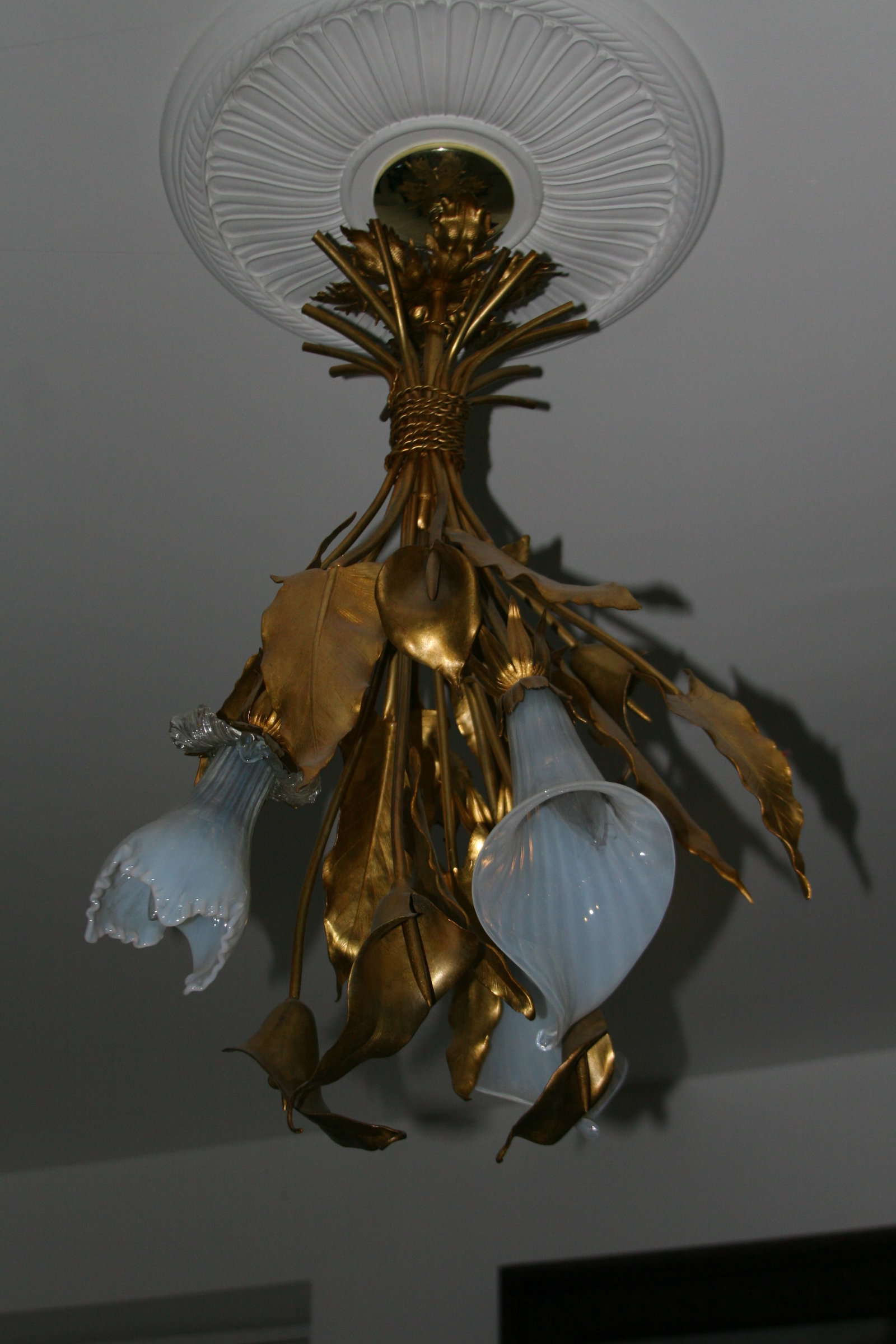 Vintage French Art Nouveau Style Gilt Metal Three Light Chandelier - 4