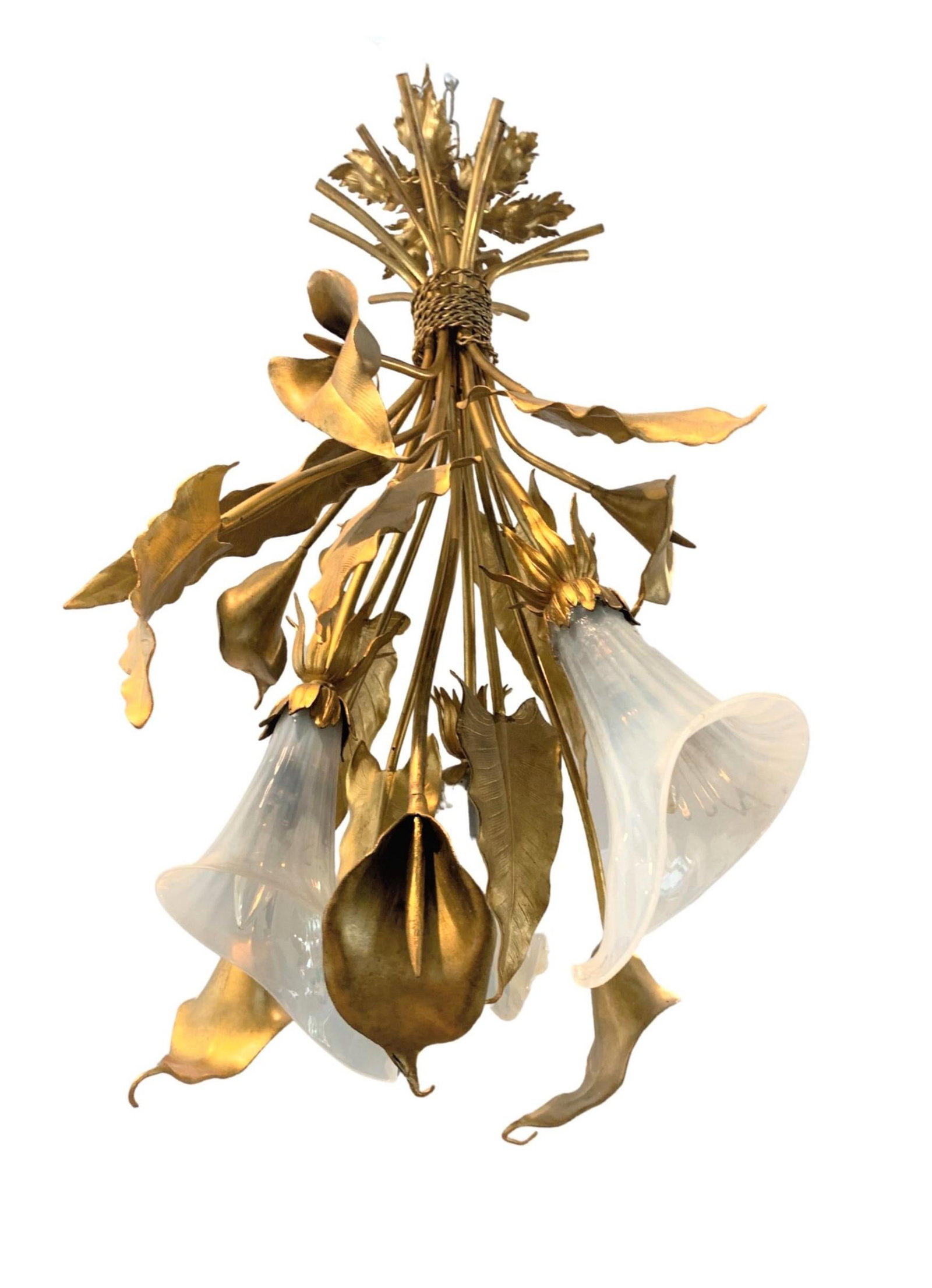 Vintage French Art Nouveau Style Gilt Metal Three Light Chandelier - 7