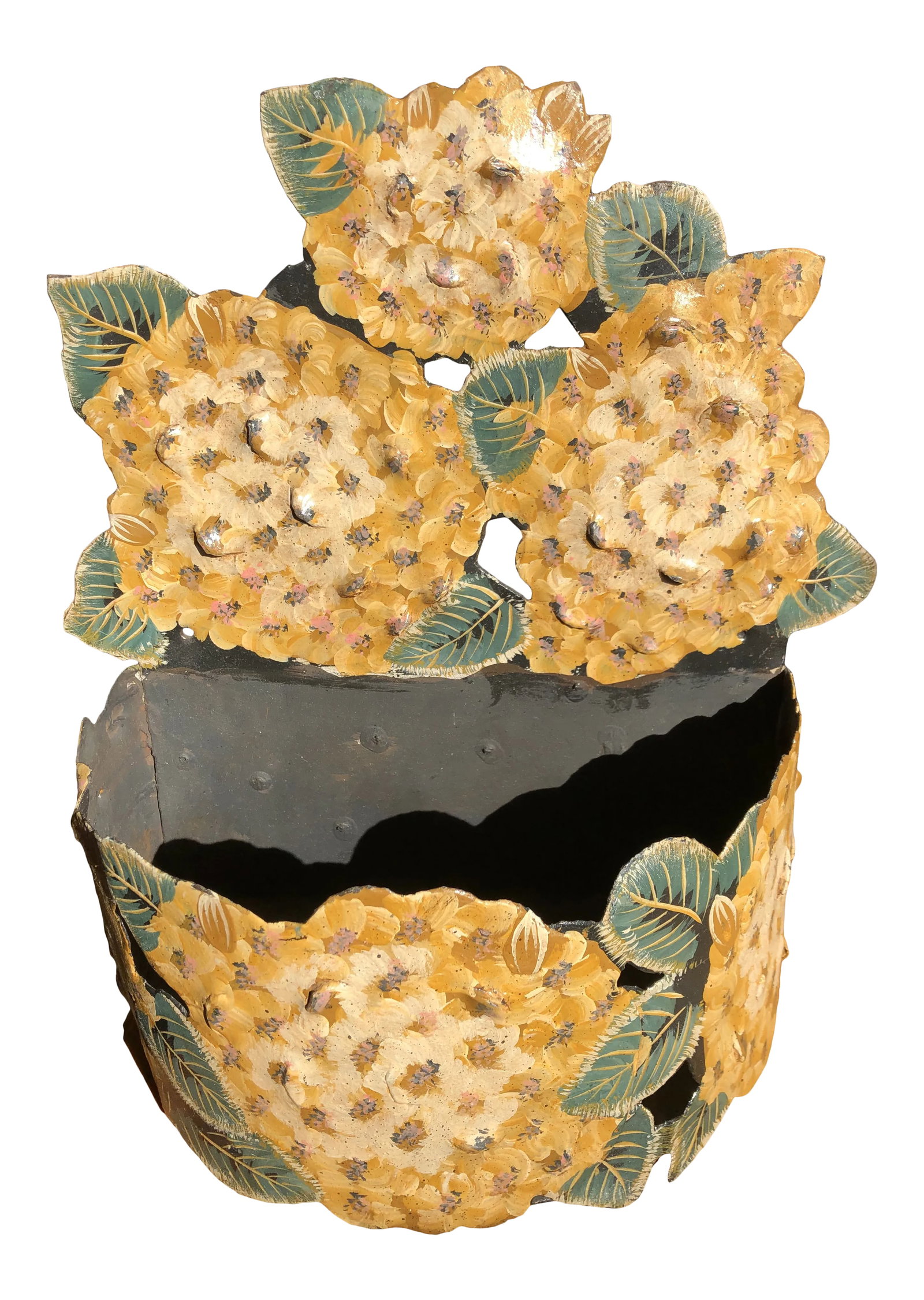 Vintage Toleware Wall Pocket Planter: Wonderful vintage toleware planter for any interior or sunporch. Paint in great shape. Condition: Alterations: Original Condition Unaltered Imperfections: Some Imperfections Condition Notes: Good Cond