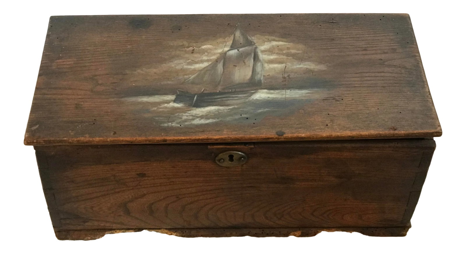 19th Century English Dovetail Box With Ship Painting and Secret Draw: Gorgeous 19th century box with beautiful dovetails and very well done hand painted nautical ship painting on the lid. All hand forged iron hardware, and secrets draw. Condition: Alterations: Original