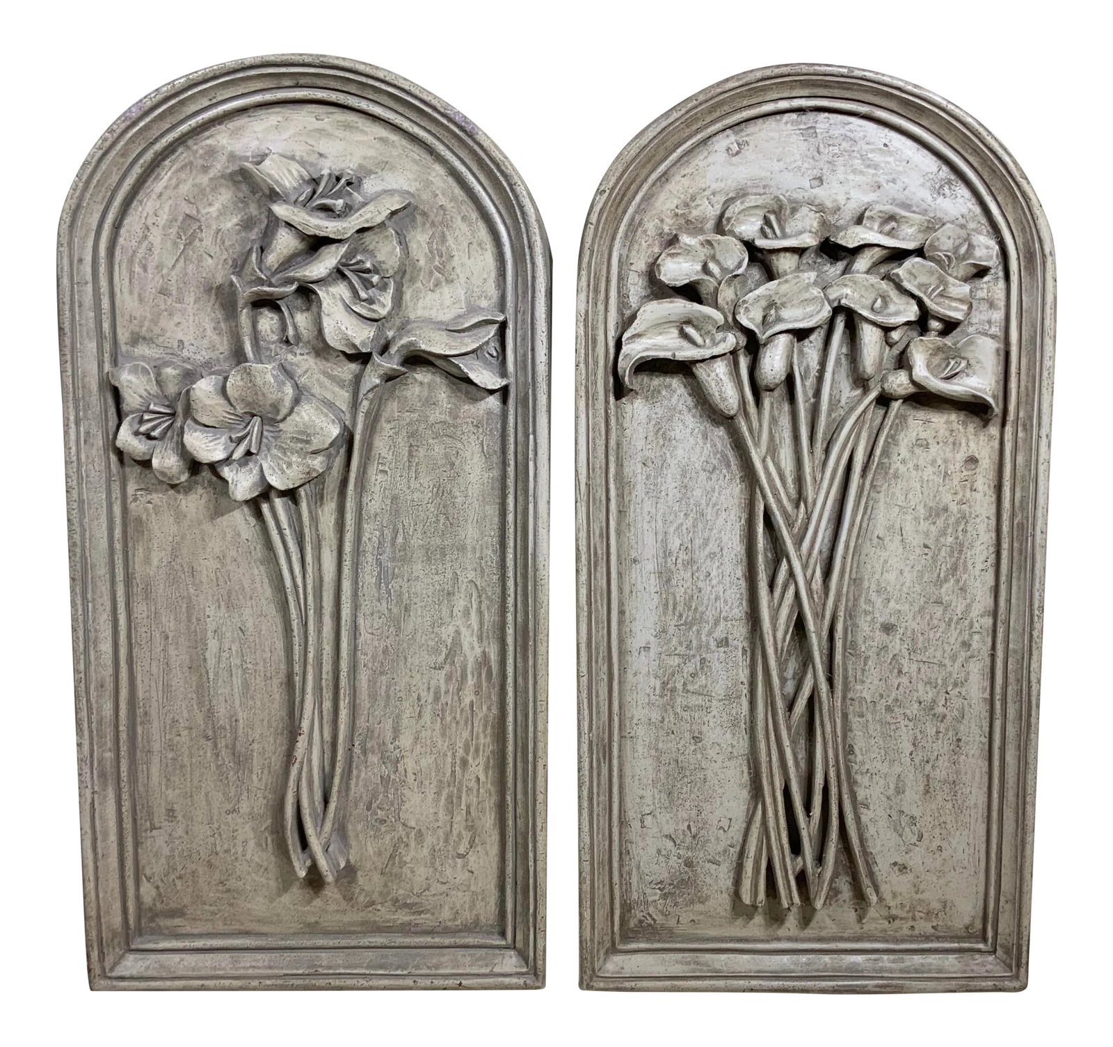 1980s Carved Gray Wall Hangings - a Pair: Pair of impressive wall hanging solid composition hand painted in grey, with two different bouquet or flowers. Condition: Alterations: Original Condition Unaltered Imperfections: Some Imperfections