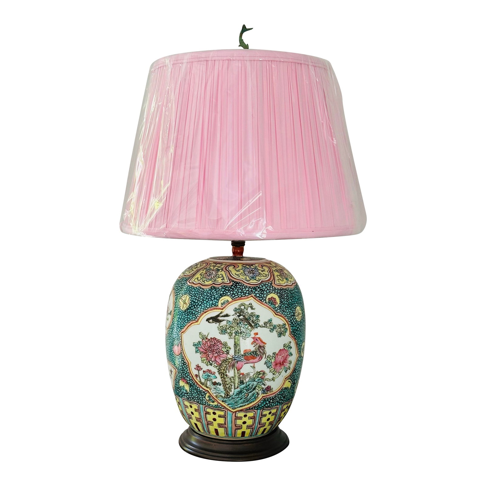 Chinese Export Porcelain Famille Rose Table Lamp With Fabric Shade: Vintage pink and green chinese export table lamp with wonderful pink fabric shade. Famille rose decoration in a fabulous color green with pink accents and wonderful verdigris serpentine finial. This