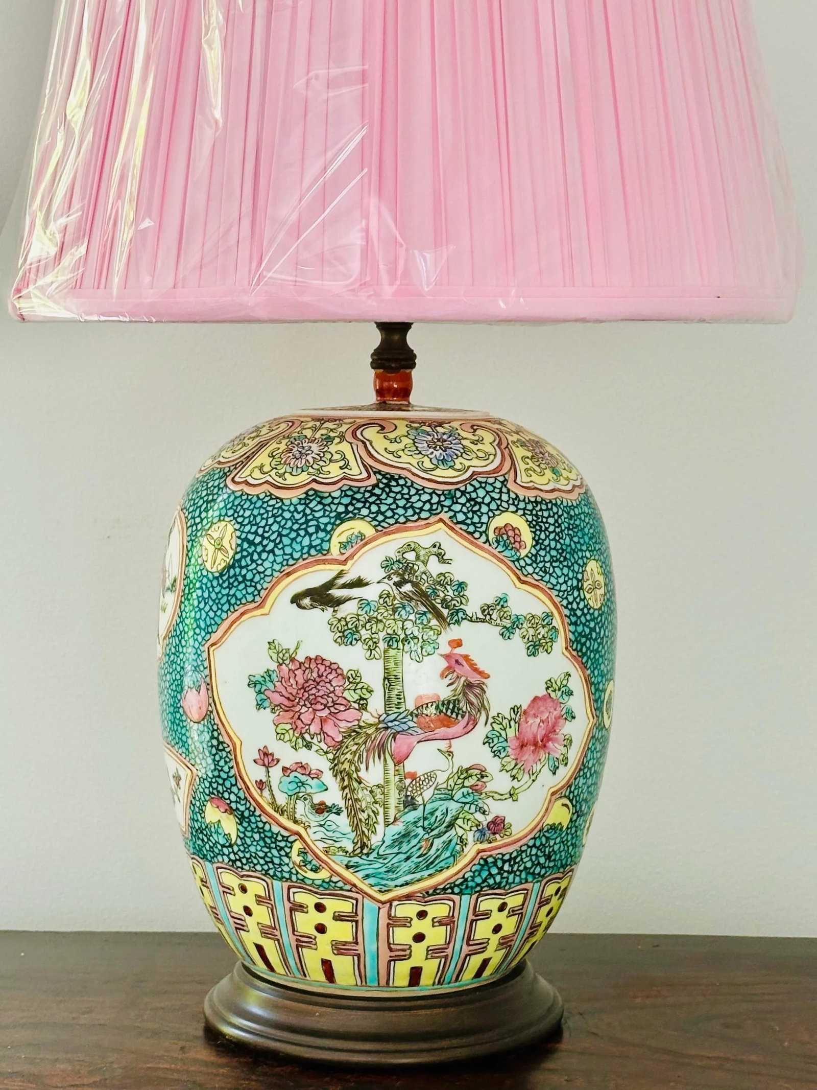 Chinese Export Porcelain Famille Rose Table Lamp With Fabric Shade - 2