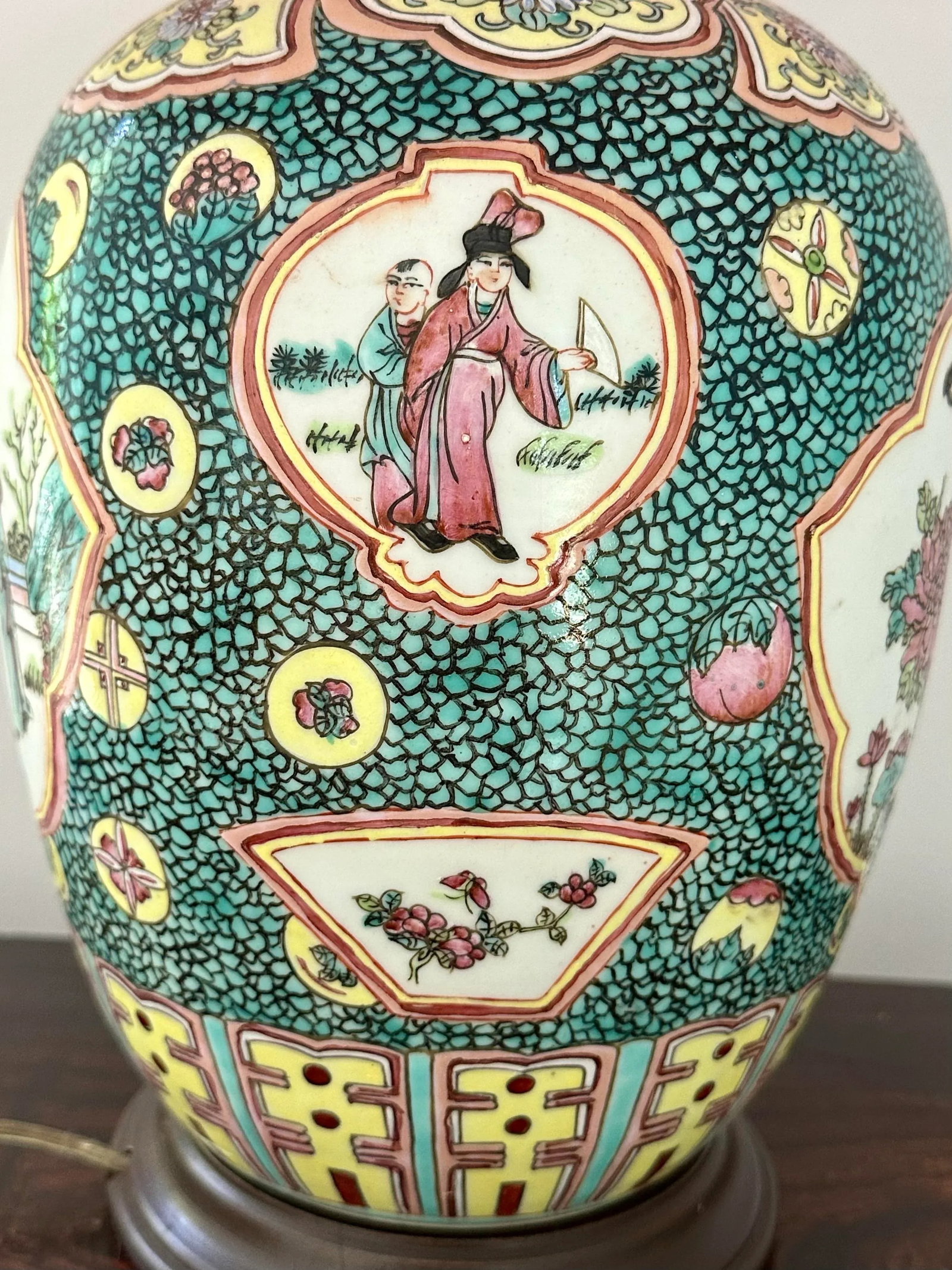Chinese Export Porcelain Famille Rose Table Lamp With Fabric Shade - 4