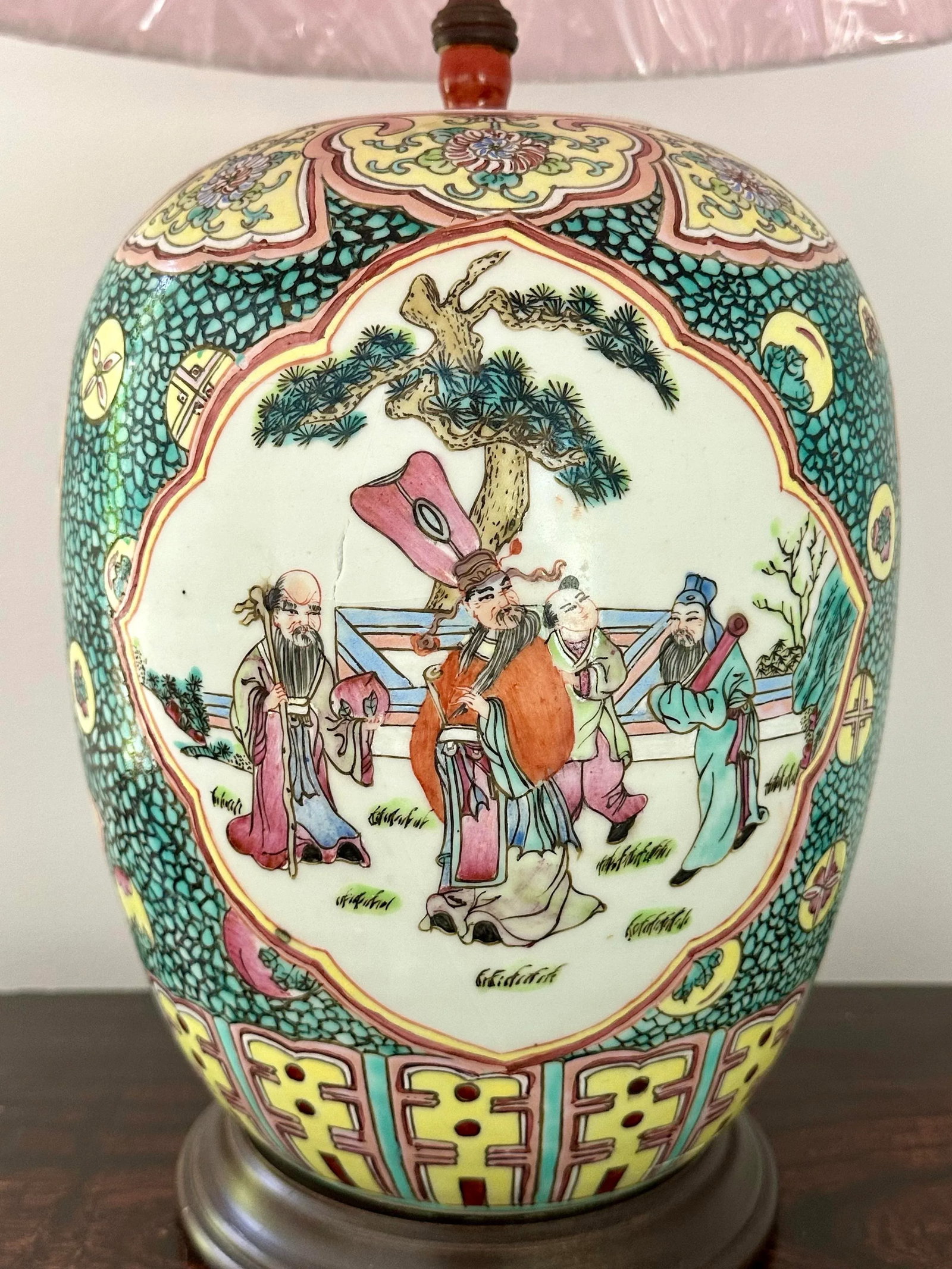 Chinese Export Porcelain Famille Rose Table Lamp With Fabric Shade - 5